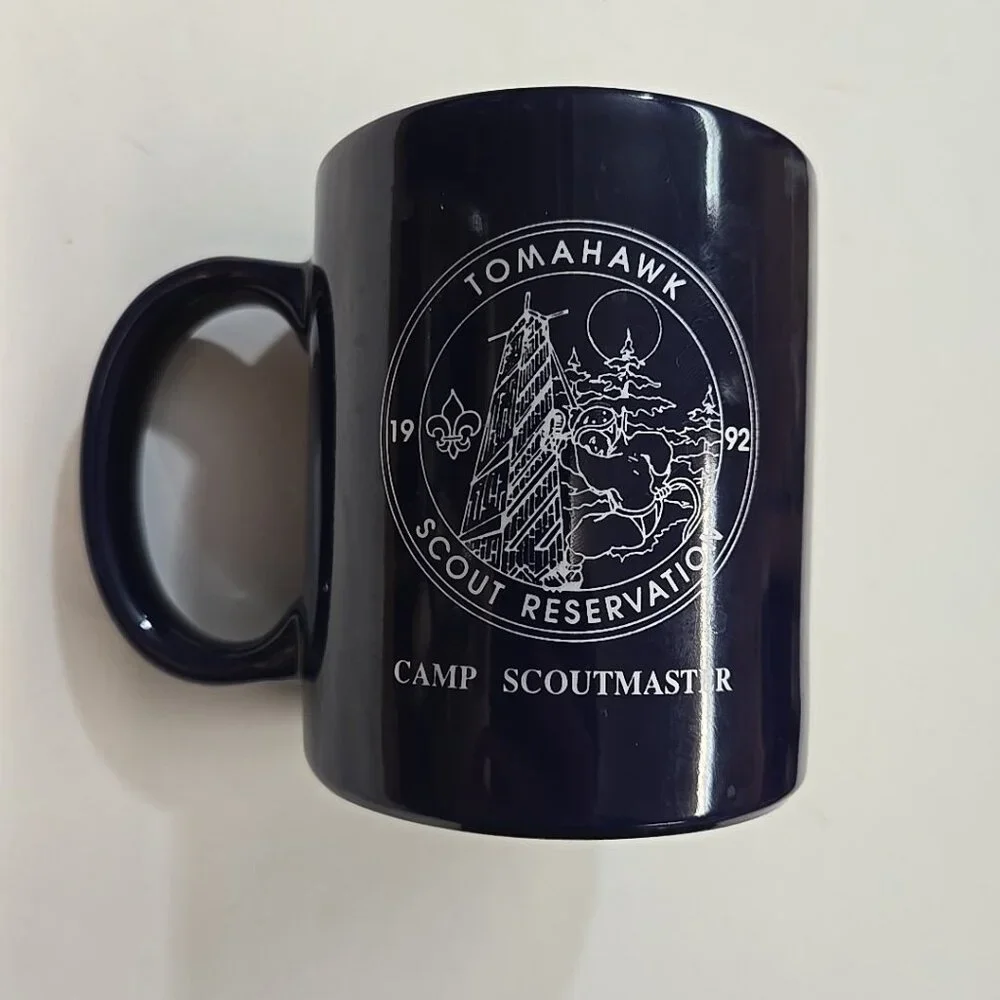 Vintage Boy Scout Mug Tomahawk Scout Master 1992 '92 Camp Navy Blue BSA